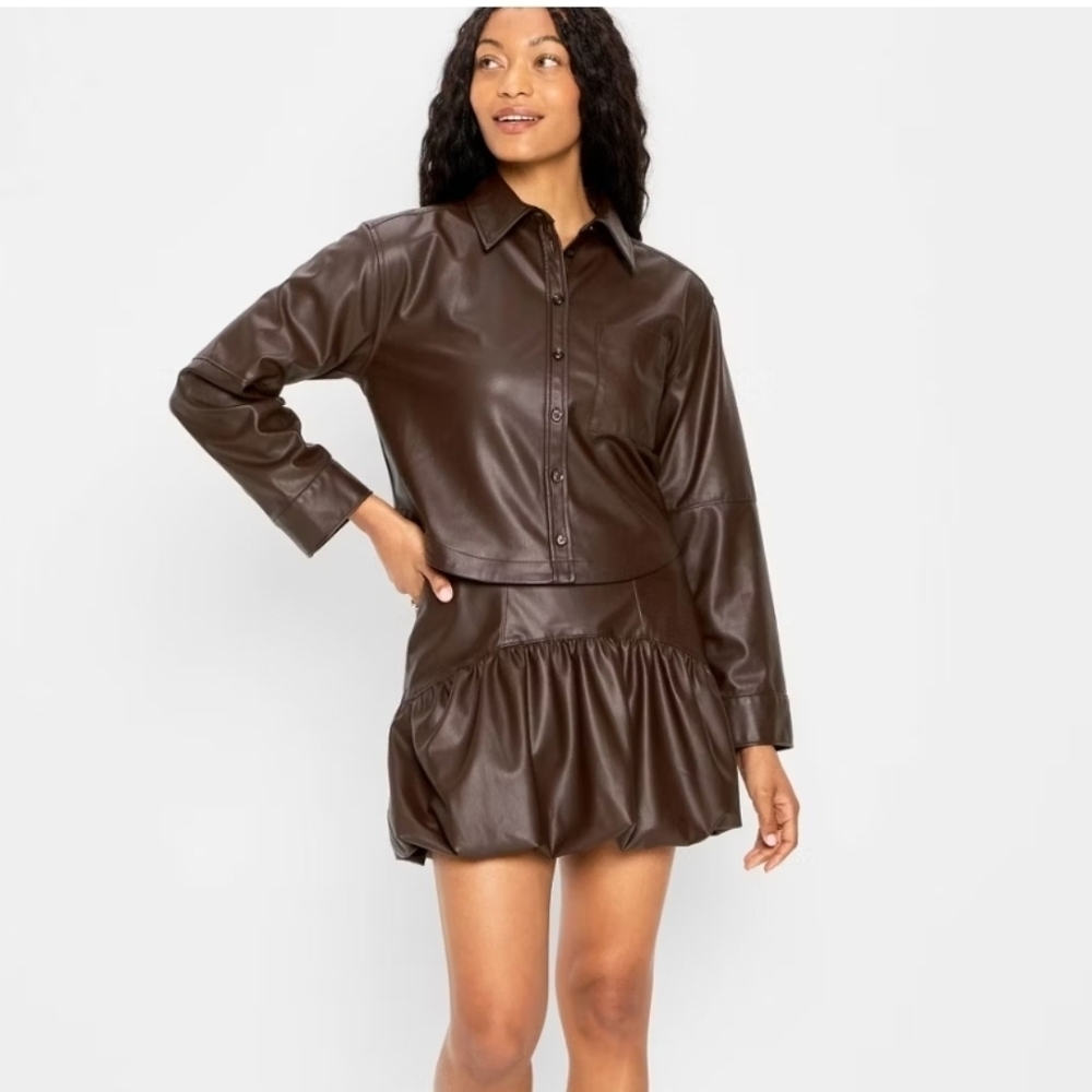 Future Collective Brown Long Sleeve Faux Leather Button-Down Shirt